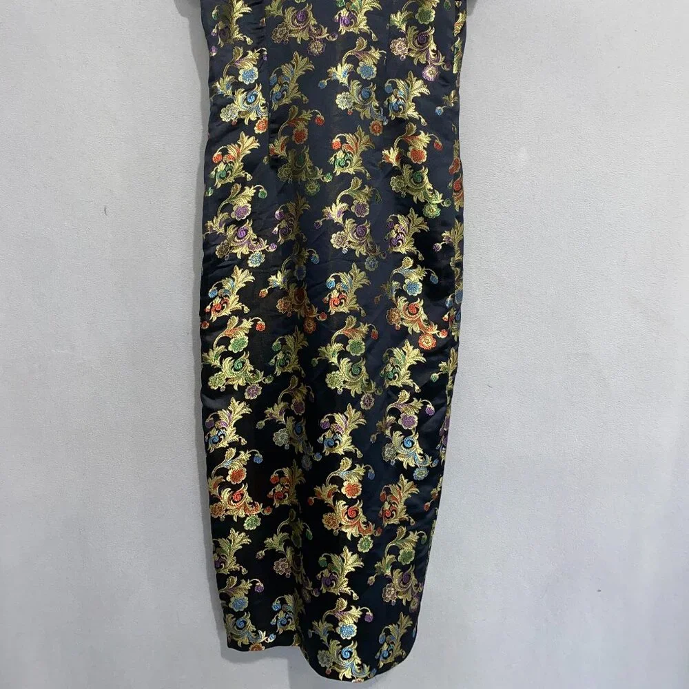 Brocade Cheongsam Qipao Dress Black Gold Floral Mandarin Collar M - Picture 9 of 9